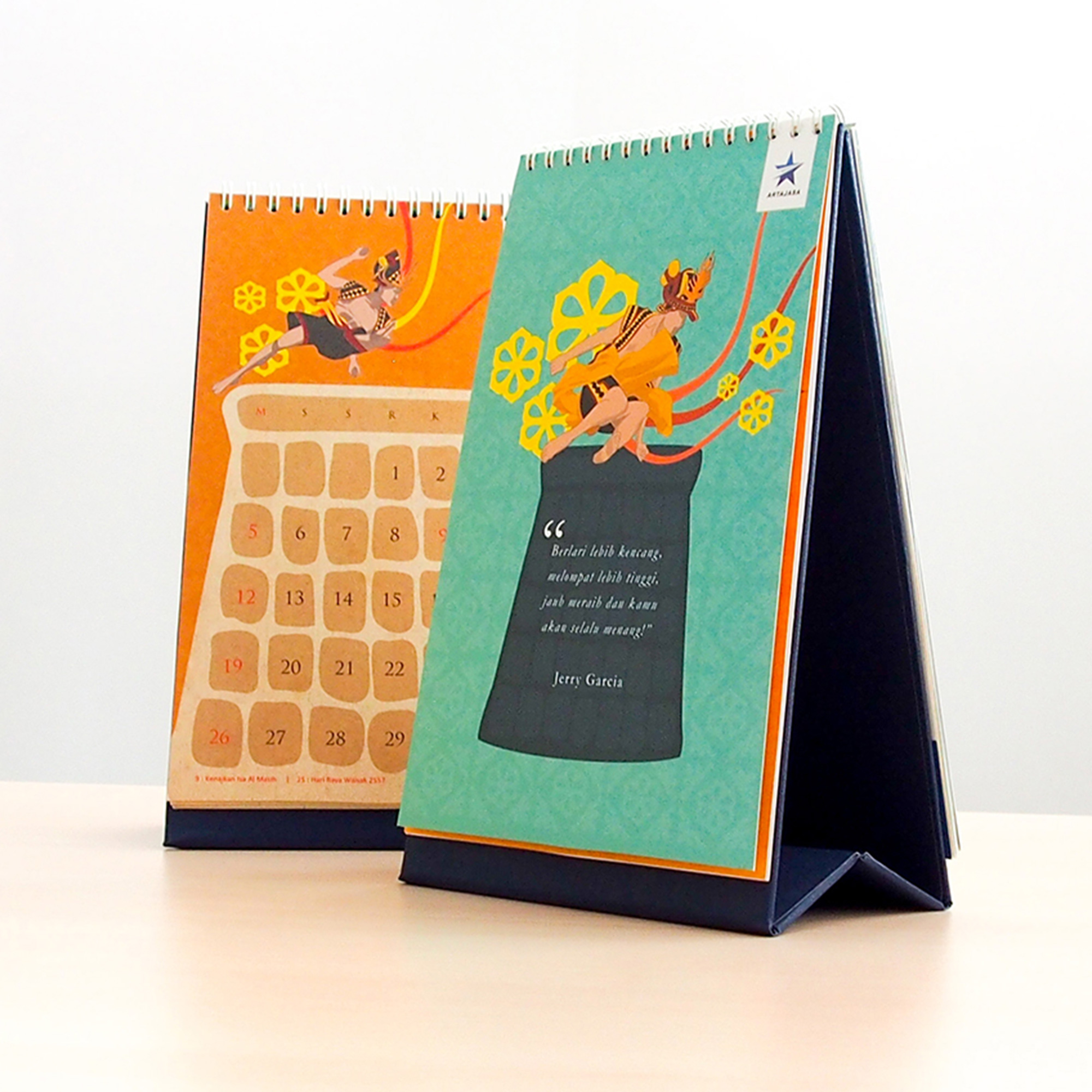 The desk calendar was designed with vibrant colors to highlight the festivity and spirit of the stone jumper.