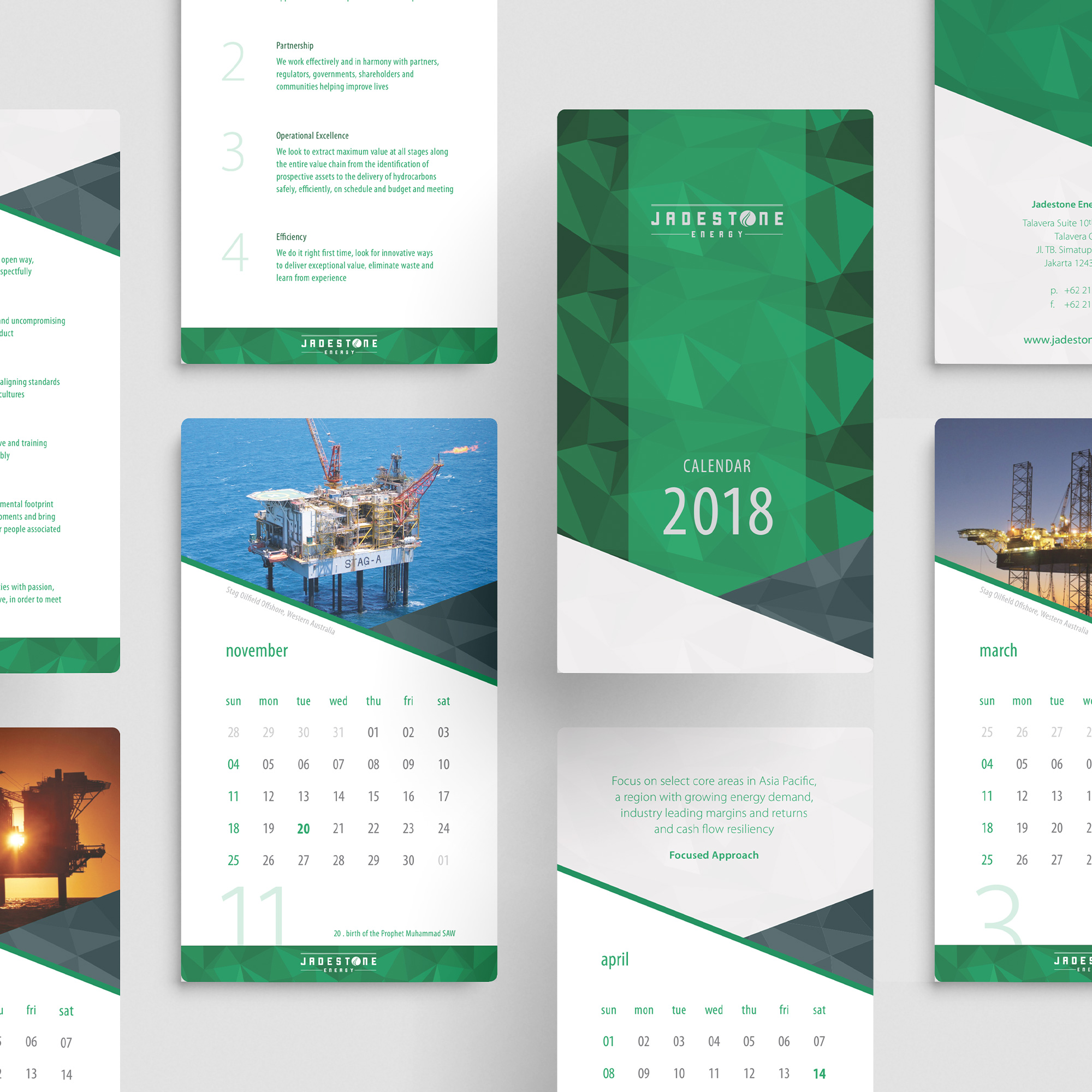 The calendar design layout also provides brief information about the company.